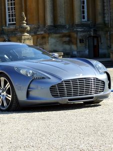 Preview wallpaper aston martin, one-77, 2009, blue, front view, style, building
