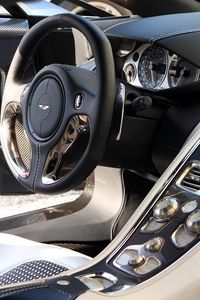 Preview wallpaper aston martin, one-77, 2009, salon, interior, steering wheel, speedometer