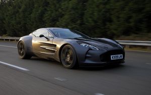 Preview wallpaper aston martin, one-77, concept car, 2009, black, side view, sports, trees