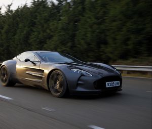 Preview wallpaper aston martin, one-77, concept car, 2009, black, side view, sports, trees