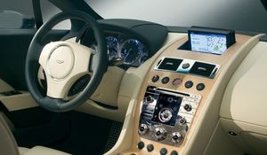 Preview wallpaper aston martin, rapide, 2006, beige, salon, interior, concept car, the steering wheel, speedometer