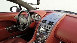 Preview wallpaper aston martin, rapide, 2009, red, salon, interior, steering wheel, speedometer