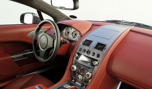 Preview wallpaper aston martin, rapide, 2009, red, salon, interior, steering wheel, speedometer