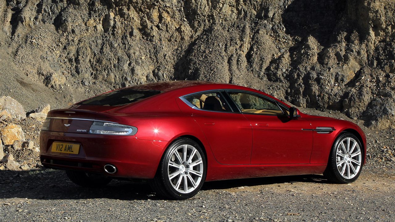 Wallpaper aston martin, rapide, 2009, red, side view, rock