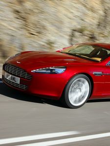 Preview wallpaper aston martin, rapide, 2009, red, side view, speed, asphalt