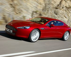 Preview wallpaper aston martin, rapide, 2009, red, side view, speed, asphalt