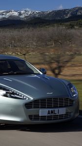 Preview wallpaper aston martin, rapide, 2009, silver, front view, cars, mountains