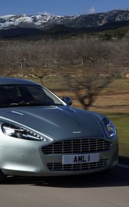 Preview wallpaper aston martin, rapide, 2009, silver, front view, cars, mountains