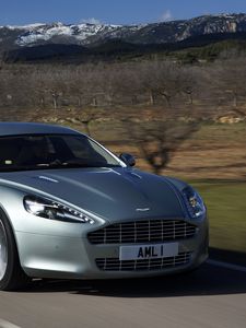 Preview wallpaper aston martin, rapide, 2009, silver, front view, cars, mountains