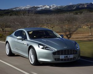 Preview wallpaper aston martin, rapide, 2009, silver, front view, cars, mountains