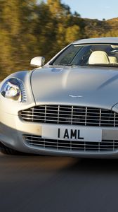 Preview wallpaper aston martin, rapide, 2009, silver, front view, cars, trees