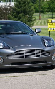 Preview wallpaper aston martin, v12, vanquish, 2001, gray, front view, trees