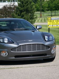 Preview wallpaper aston martin, v12, vanquish, 2001, gray, front view, trees