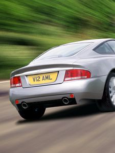 Preview wallpaper aston martin, v12, vanquish, 2001, silver, rear view, cars, speed