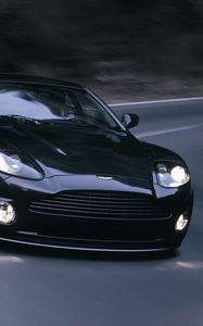 Preview wallpaper aston martin, v12, vanquish, 2004, black, front view, asphalt