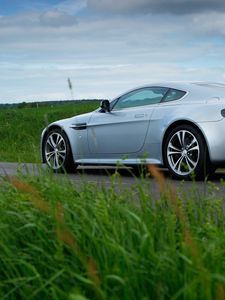 Preview wallpaper aston martin, v12, zagato, 2009, side view, silver metallic, sport, grass, cars