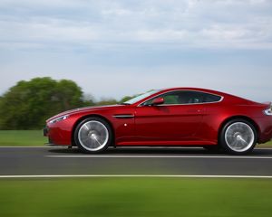 Preview wallpaper aston martin, v12, zagato, red, side view, cars, speed, nature