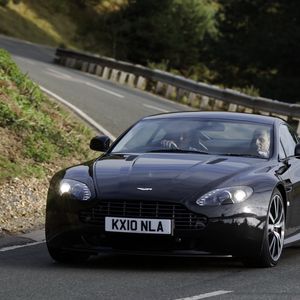 Preview wallpaper aston martin, v8, 2010, black, front view, car, asphalt