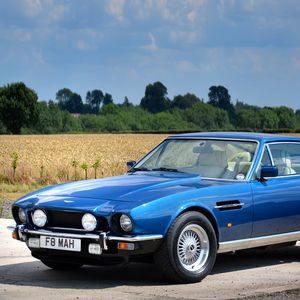 Preview wallpaper aston martin, v8, saloon, 1972, blue, side view, cars, nature
