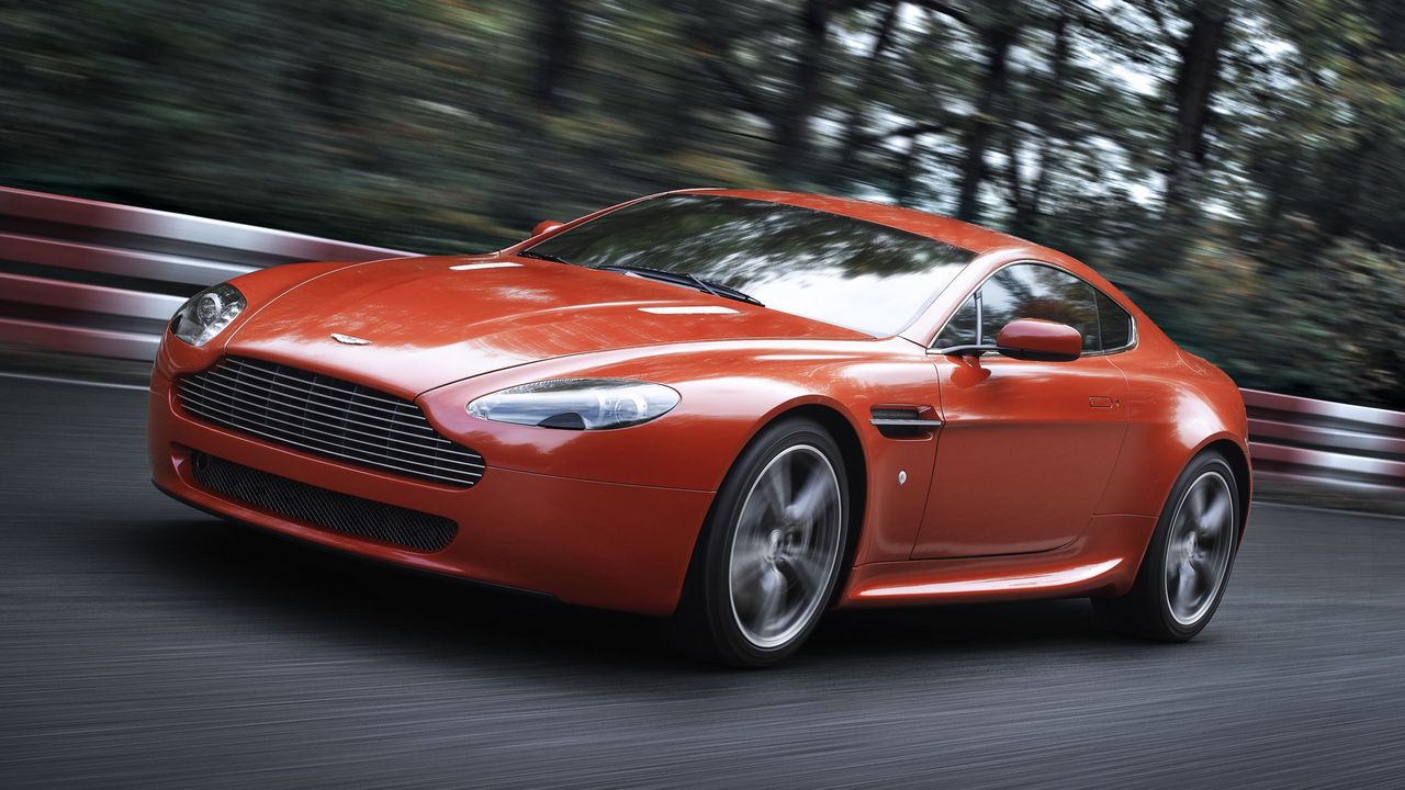 Wallpaper aston martin v8 vantage, 2008, red, front view, speed, trees