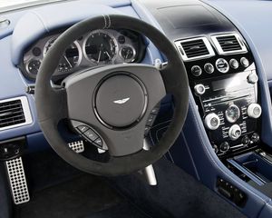 Preview wallpaper aston martin, v8, vantage, 2011, blue, salon, interior, steering wheel, speedometer