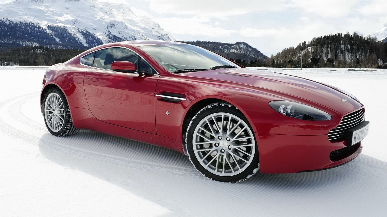Wallpaper aston martin, v8, vantage, 2008, red, side view, cars, mountains, snow