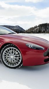Preview wallpaper aston martin, v8, vantage, 2008, red, side view, cars, mountains, snow