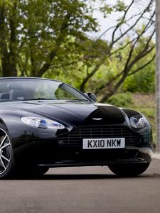 Preview wallpaper aston martin, v8, vantage, 2010, black, front view, car, tree