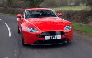 Preview wallpaper aston martin, v8, vantage, 2012, red, front view, cars, asphalt