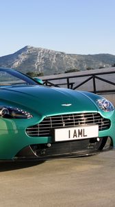 Preview wallpaper aston martin, v8, vantage, 2011, green, front view, style, mountain