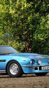 Preview wallpaper aston martin, v8, vantage, 1977, blue, side view, cars, trees