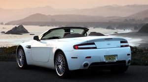 Preview wallpaper aston martin, v8, vantage, 2008, white, rear view, cabriolet, mountains, sunset