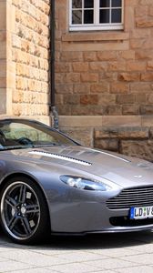 Preview wallpaper aston martin, v8, vantage, 2009, gray, side view, cabriolet, style, building