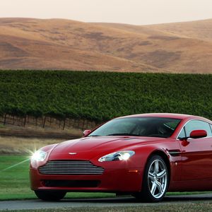 Preview wallpaper aston martin, v8, vantage, 2008, red, front view, style, mountain