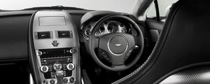 Preview wallpaper aston martin, v8, vantage, 2008, black, salon, interior, steering wheel, speedometer, style