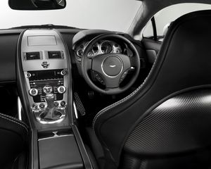 Preview wallpaper aston martin, v8, vantage, 2008, black, salon, interior, steering wheel, speedometer, style