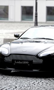 Preview wallpaper aston martin, v8, vantage, 2007, black, front view, style, building