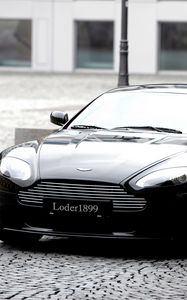 Preview wallpaper aston martin, v8, vantage, 2007, black, front view, style, building