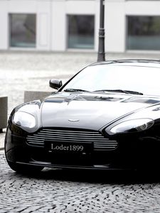 Preview wallpaper aston martin, v8, vantage, 2007, black, front view, style, building