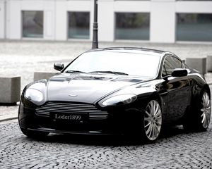 Preview wallpaper aston martin, v8, vantage, 2007, black, front view, style, building