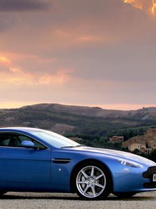 Preview wallpaper aston martin, v8, vantage, 2005, blue, side view, cars, nature