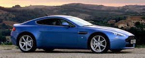 Preview wallpaper aston martin, v8, vantage, 2005, blue, side view, cars, nature