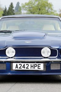 Preview wallpaper aston martin, v8, vantage, 1977, blue, front view, cars, trees