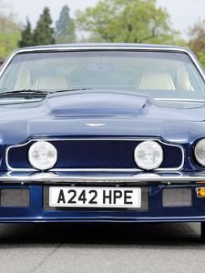 Preview wallpaper aston martin, v8, vantage, 1977, blue, front view, cars, trees