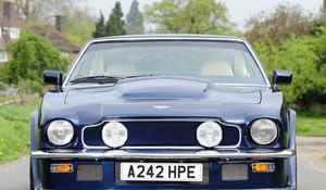 Preview wallpaper aston martin, v8, vantage, 1977, blue, front view, cars, trees