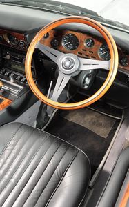 Preview wallpaper aston martin, v8, volante, 1977, black, salon, interior, steering wheel, speedometer, retro