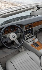 Preview wallpaper aston martin, v8, volante, 1977, gray, salon, interior, steering wheel, speedometer
