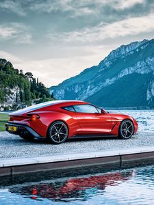 Preview wallpaper aston martin, vanquish, red, side view, mountain, lake