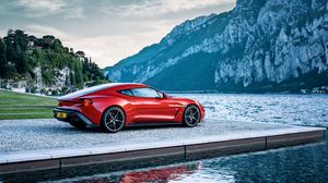 Preview wallpaper aston martin, vanquish, red, side view, mountain, lake