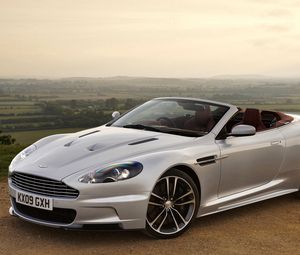 Preview wallpaper aston martinя, dbs, 2009, silver metallic, side view, cabriolet, nature